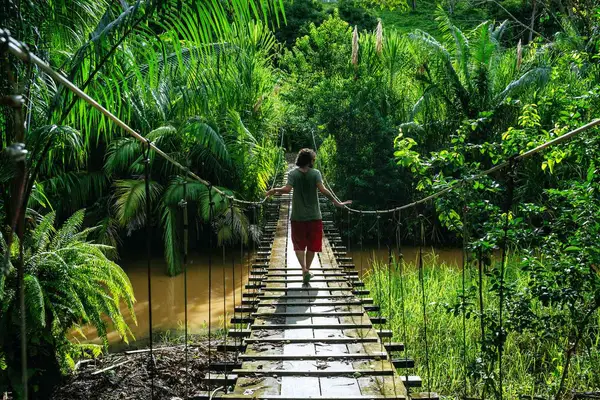 Man crossing a suspension bridge in Costa Rica seen from behind
