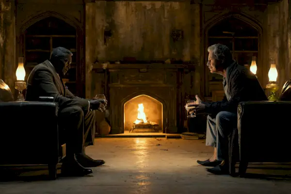 la chute de la maison d'Usher L to R Carl Lumbly dans le rôle de C Auguste Dupin, Bruce Greenwood dans le rôle de Roderick Usher dans l'épisode 101 de la chute de la maison d'Usher Creike schroternetflix © 2023
