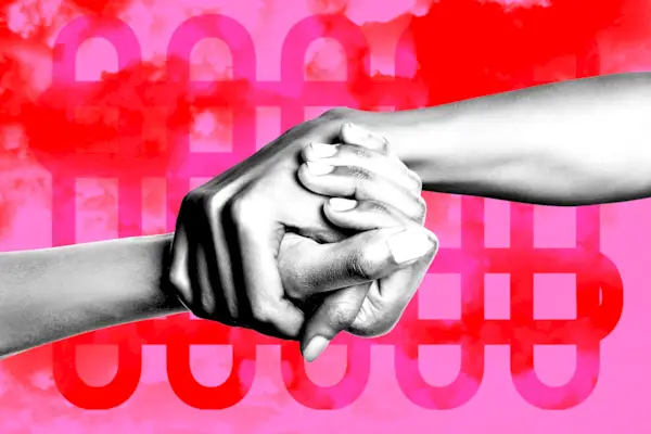 hands holding pink red background