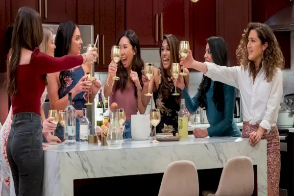 love is blind l to r caitlin mckee, trisha frame, danielle ruhl, natalie lee, deepti vempati, juhie faheem, mallory zapata in season 2 of love is blind cr patrick wymorenetflix © 2022