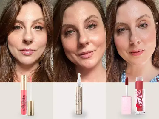 A collage of a person wearing three different lip plumpers, including Too Faced, Dr. Dennis Gross, and Maybelline