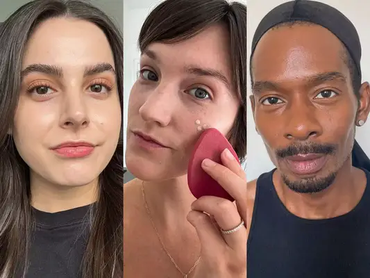 Collage of people with different skin types and tones testing foundations