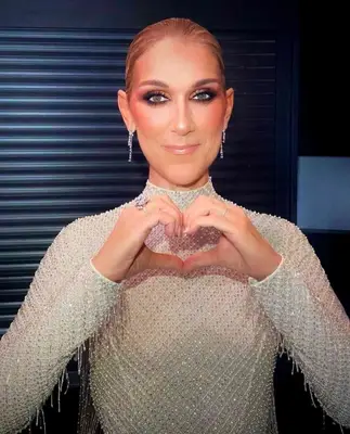 Celine Dion wears a smoky eye look with visible peach blush and light lip gloss