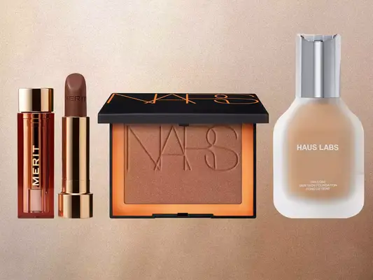 Collage of products from makeup brands we recommend on a brown background, including Merit, Nars, and Haus Labs