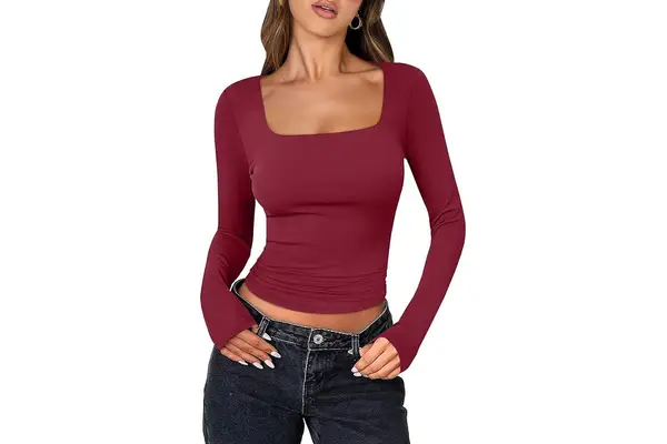 ANRABESS Women Double Lined Long Sleeve Crop Tops Shirts Square N