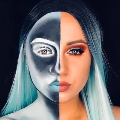 Makeup artist wears a half-X-ray face paint, half warm glam look