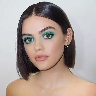 Lucy Hale in bright emerald green eye makeup