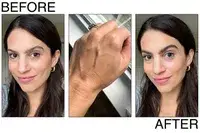 Before and after photos showing the effects of using Patrick Ta Major Brow Pencil swatched on the back of a hand