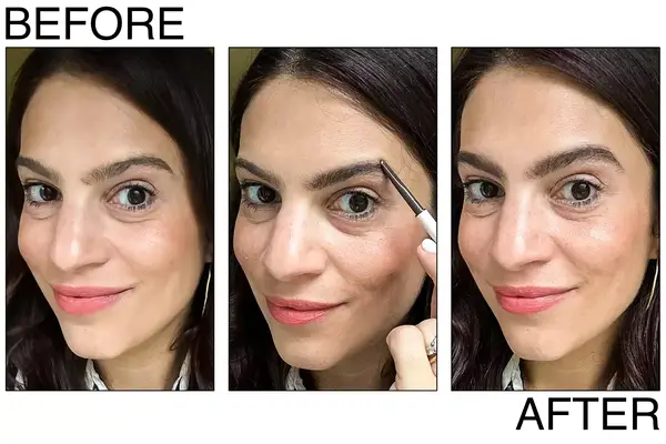 A person before, during, and after using the Rare Beauty Brow Harmony Precision Eyebrow Pencil