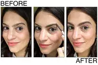 A person before, during, and after using the Rare Beauty Brow Harmony Precision Eyebrow Pencil