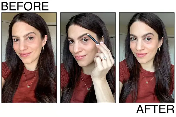 A person before and after using the Anastasia Perfect Brow Pencil