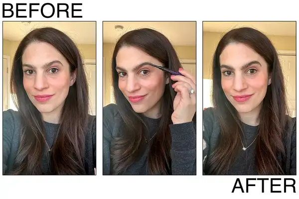 A person before and after using the Urban Decay Brow Blade Ink Stain + Waterproof Pencil