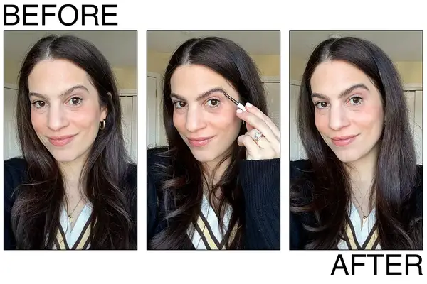 A person before and after using the ILIA In Full Micro-Tip Eyebrow Pencil