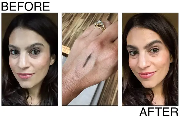 side by side collage of a woman trying three different eyebrow pencils during testing
