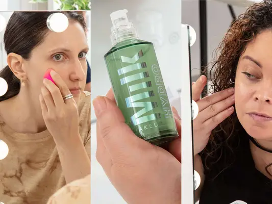 A collage of people applying makeup primers, featuring the Milk Makeup Hyrdo Grip Primer 