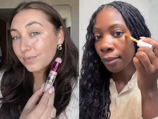 A person with Maybelline Instant Age Rewind Eraser Dark Circles Treatment Concealer on their face and a person applies e.l.f. Hydrating Camo Concealer to their face