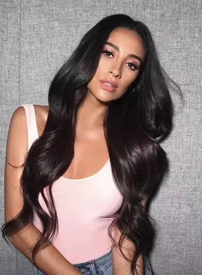 frosty and glossy pink makeup look on Shay Mitchell
