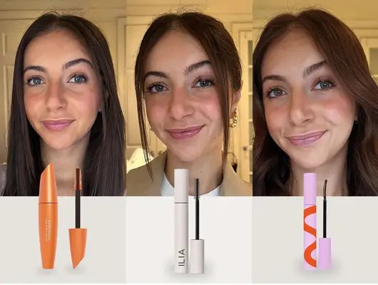 Side-by-side of three non-clumping mascaras we recommend, Cover Girl, Ilia, and Tower 28, being used on a single tester