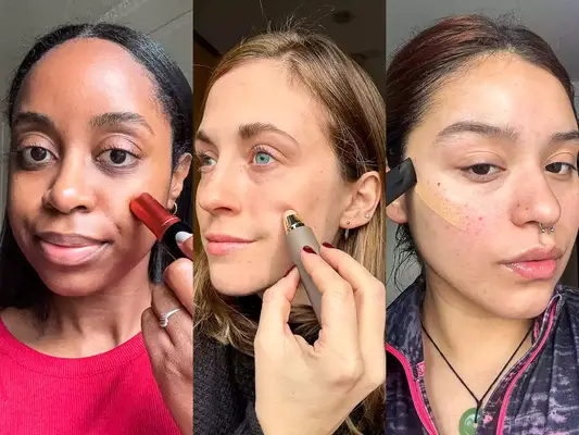 A variety of testers using Stick Foundations on their cheekbone