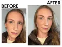 Photos of person’s face before and after using CoverGirl Easy Breezy Brow Powder Kit