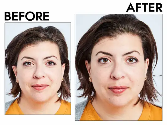 Photos of person’s face before and after using Maybelline Express Brow Duo 2-in-1 Pencil and Powder