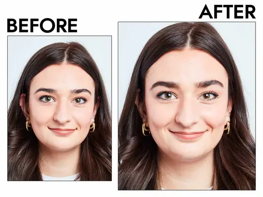 Photos of person’s face before and after using CoverGirl Easy Breezy Brow Powder Kit