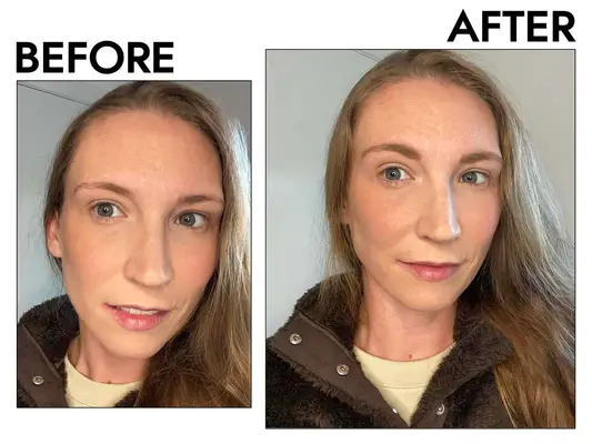 Photos of person’s face before and after using CoverGirl Easy Breezy Brow Powder Kit