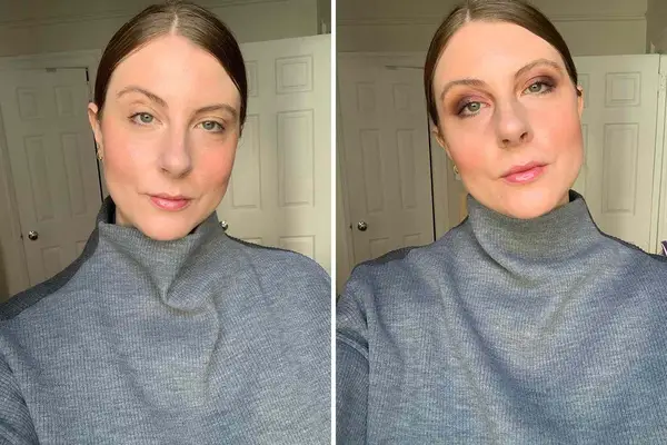 Photos of person’s face before and after using Anastasia Beverly Hills Soft Glam Eyeshadow Palette