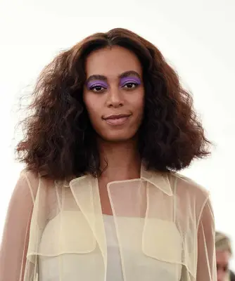 Solange Knowles wearing one color purple eye shadow