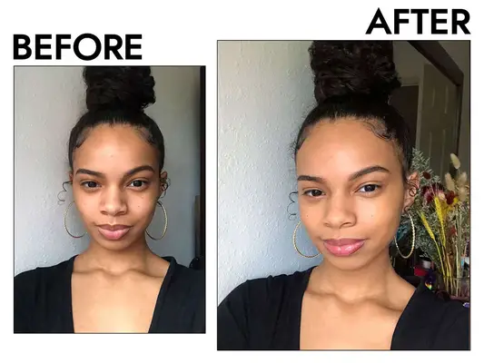 Before and after headshots of a woman testing Maybelline New York Baby Skin Instant Pore Eraser Primer