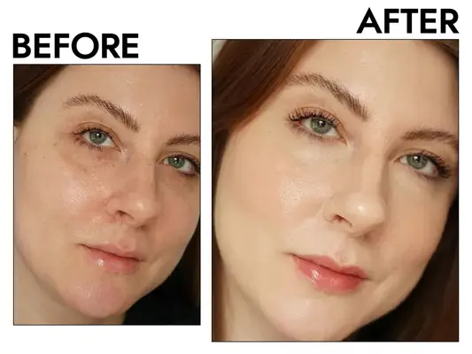 Photos of person’s face before and after using Giorgio Armani Beauty Luminous Silk Foundation