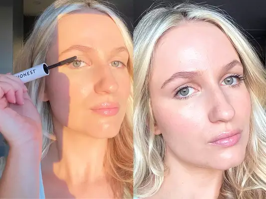 Before and after of a person applying Honest Beauty Mascara to their lashes