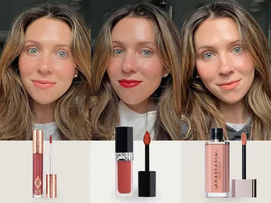 side by side collage of a person wearing liquid lipsticks we recommend including picks from Charlotte Tilbury, Dior, and Anastasia Beverly Hills