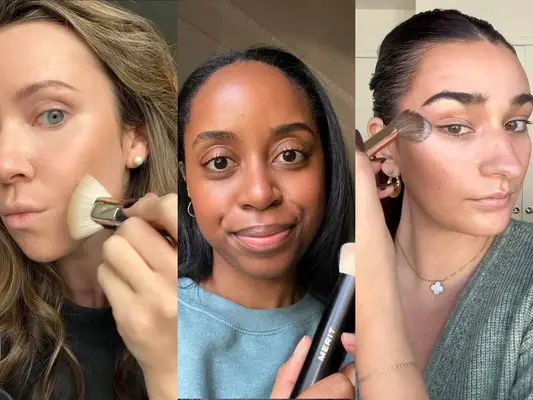 Collage of three people testing different makeup brushes
