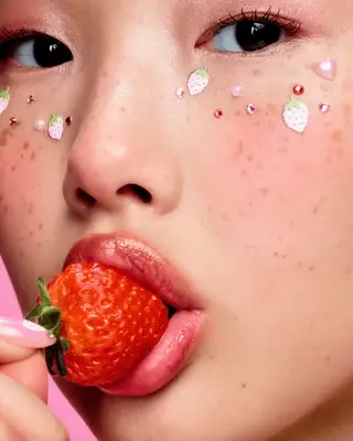 Glossier model eating a strawberry