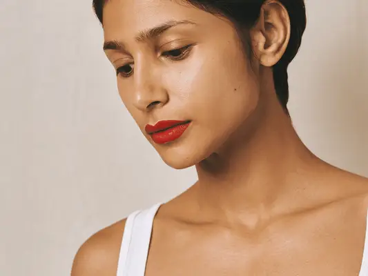 woman wearing red lipstick