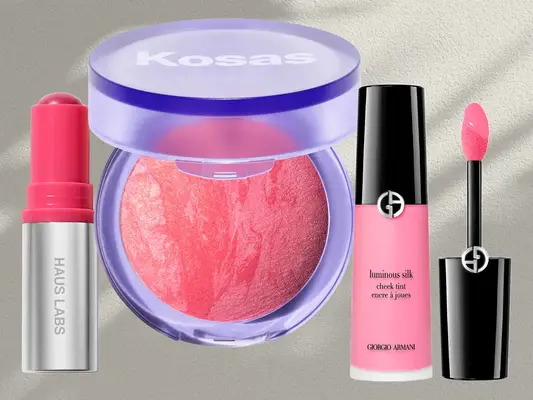 a collage of popular summer blushes including Kosas Baked Blush, Haus Labs Cream Blush Stick, and Armani Beauty Liquid Blush