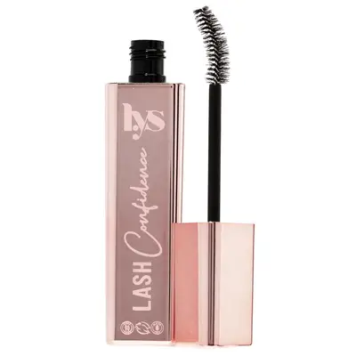 LYs Beauty lash confidence mascara in a light pink tube with curved wand visible