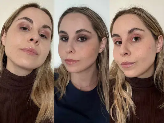 Collage of person wearing three different shades of eyeshadow for brown eyes