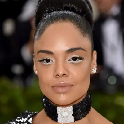 Tessa Thompson in light, celestial makeup.