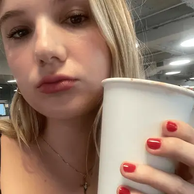 the author wearing Lancome lipstick