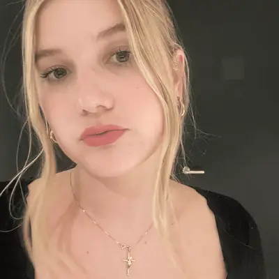 the author wearing Lancome lipstick