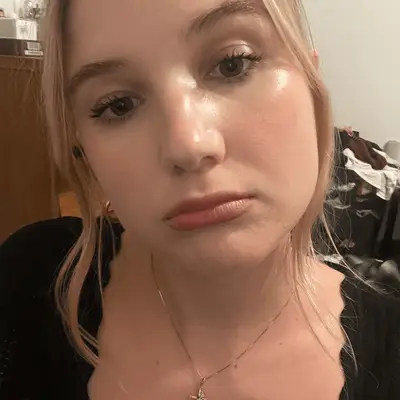 the author wearing Lancome lipstick