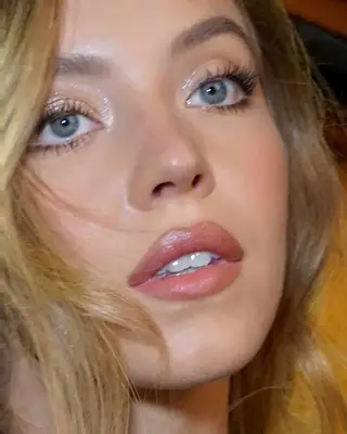 Sydney Sweeney wearing shimmery eyeshadow