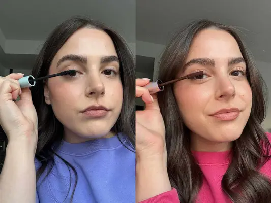 Woman testing the Caliray Come Hell or High Water Tubing Mascara and the Tarte Tartelette Tubing Mascara on eyelashes