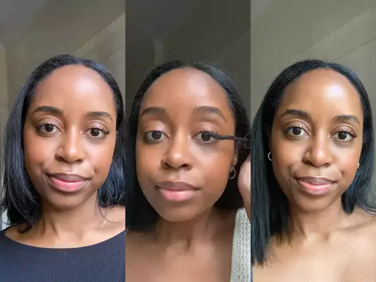 Collage a woman wearing lengthening mascara in three poses