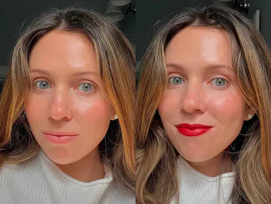 A person before and after applying the Dior Rouge Dior Forever Liquid Lipstick