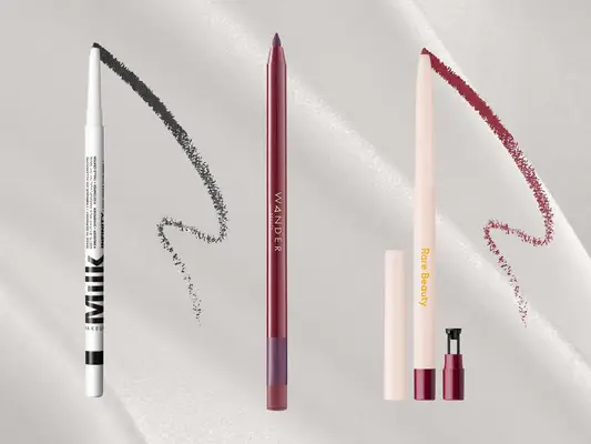 Collage of gel eyeliners from Milk Makeup, Wander Beauty, and Rare Beauty by Selena Gomez on a gray background with swatches