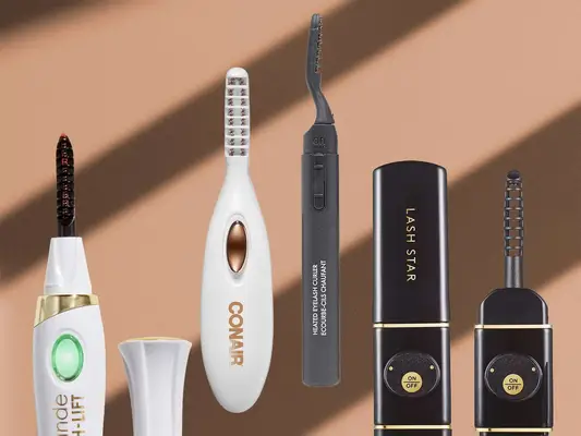 Recommended heated eyelash curlers, including Conair, Chella, and Lash Star, collaged on a brown background