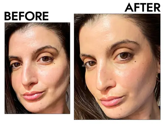 A person before and after applying the Kosas Soulgazer Intensifying Waterproof Gel Eyeliner to their eye